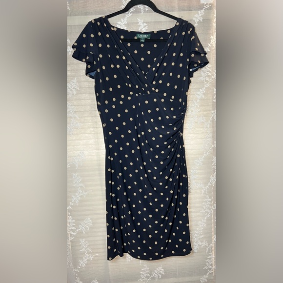 Ralph Lauren Dresses & Skirts - Lauren Ralph Lauren Polka Dot Midi Dress Ruched Wrap Style Navy Size 12